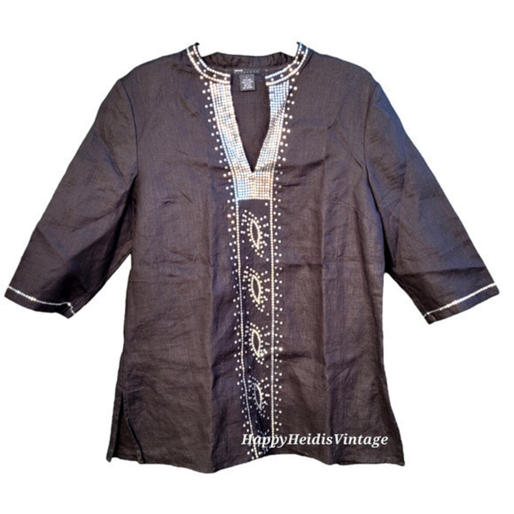 Grace Elements Black Goth V Neckline 3/4 Sleeve‎ Sequin Embellished Linen Tunic